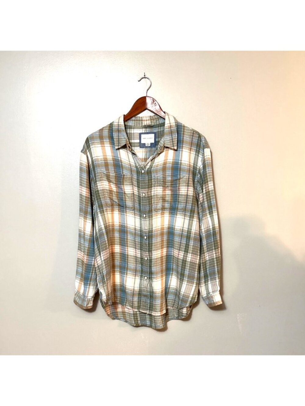 American Eagle Womens Plaid Pearl-Snap Shirt S Green/Blue/Orange Cotton Viscose‎